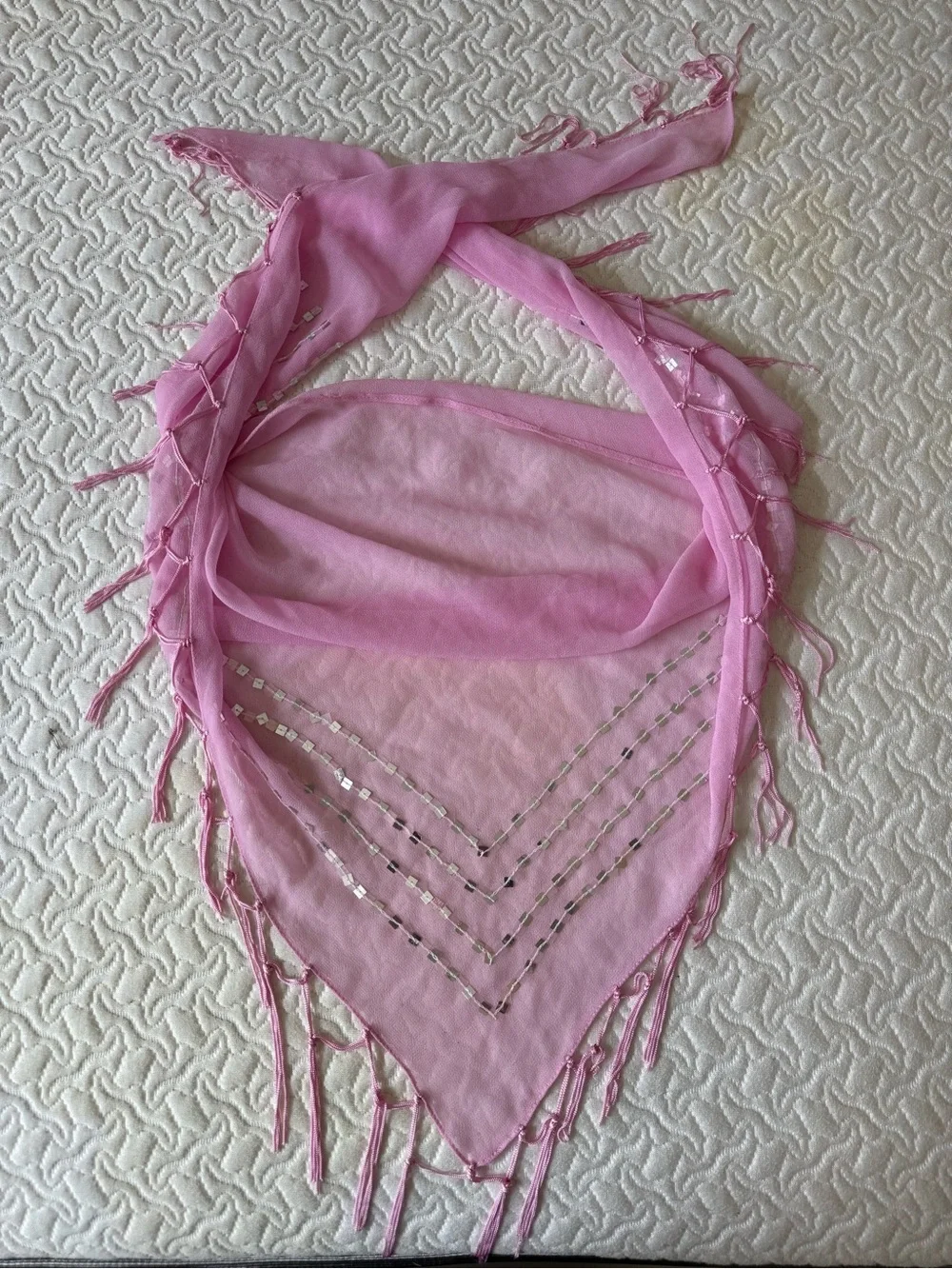 Vintage | Pink Silk Sequins Fringe Scarf Wrapped